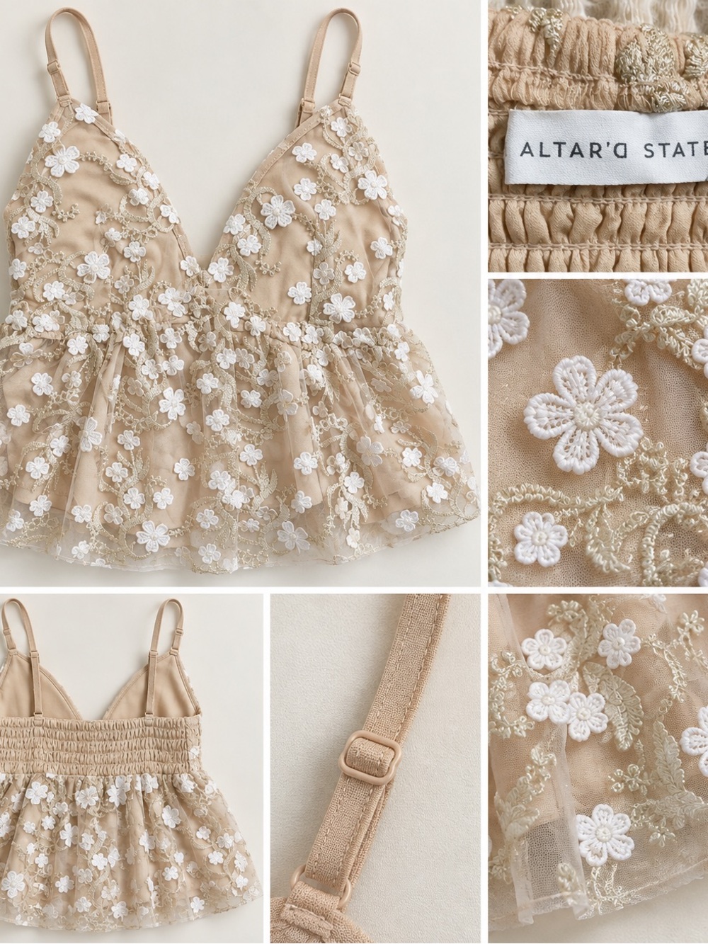 Altar'd State Beige Floral Lace Peplum Camisole with White Embroidered Flowers
